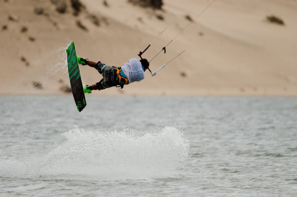 DSC_8323 Kitesurfer jumping in lagoon in Dakhla Morocco