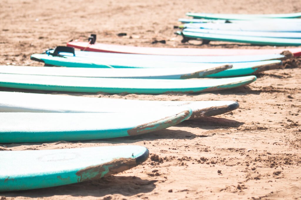 Surfboards on beach in Essaouira, Morocco