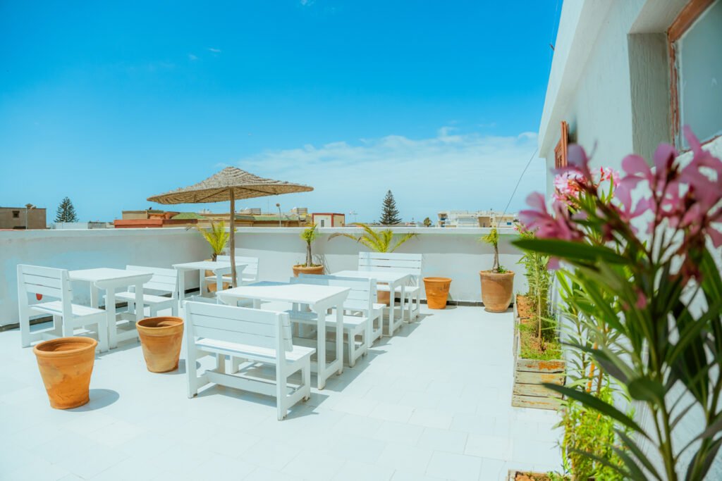 Rooftop Terrace in Salty boutique hotel in Essaouira, Morocco for surf and kite camp packages