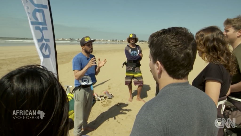 Majid from Kite Maroc giving kite lessons on the beach in Essaouira Morocco in early kite days of the mid 2000's, clip from CNN Africa Voice.